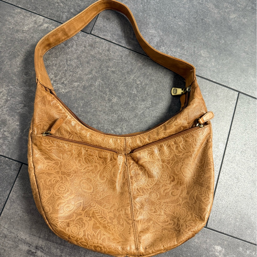 Floral Embossed Tan Shoulder Bag
